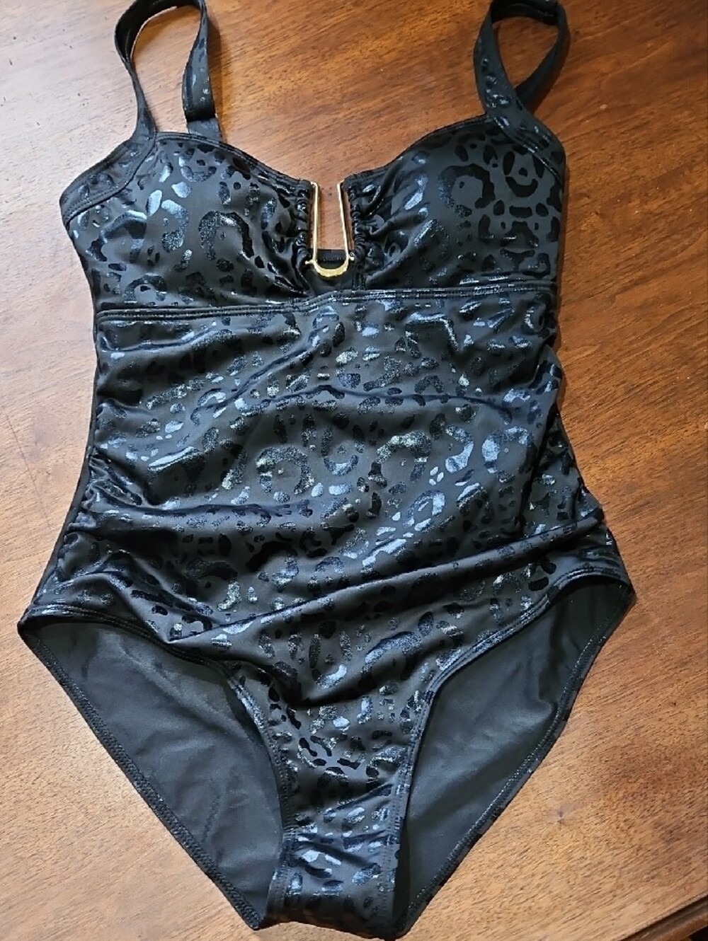 Black Leopard-Print One-Piece Swimsuit with Gold Accent - Picture 3 of 11
